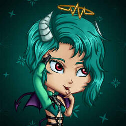 Chibi Skai acting innocent while pointing to the dented halo over her head as if she doesn't have devil horns